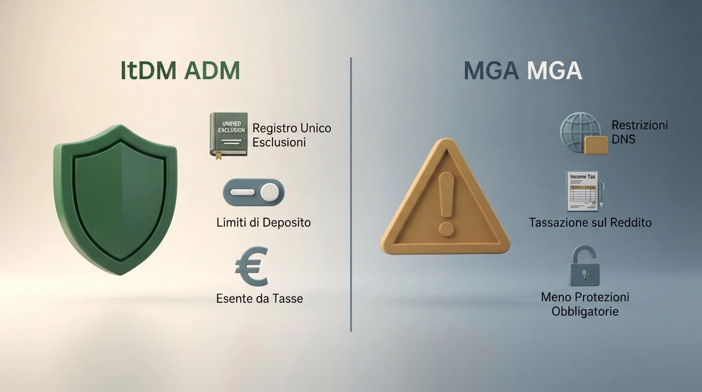 Un confronto visivo tra i due regimi: a sinistra lo scudo ADM con tutele (RUA, limiti, esenzioni fiscali), a destra il simbolo MGA con avvisi (blocco DNS, tassazione IRPEF)
