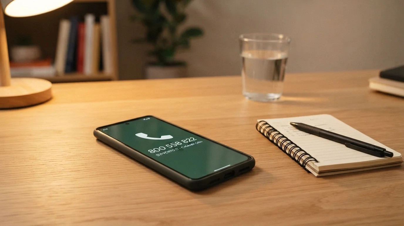 Un telefono con il numero verde 800 558 822 sullo schermo, appoggiato su una scrivania accanto a un blocco note