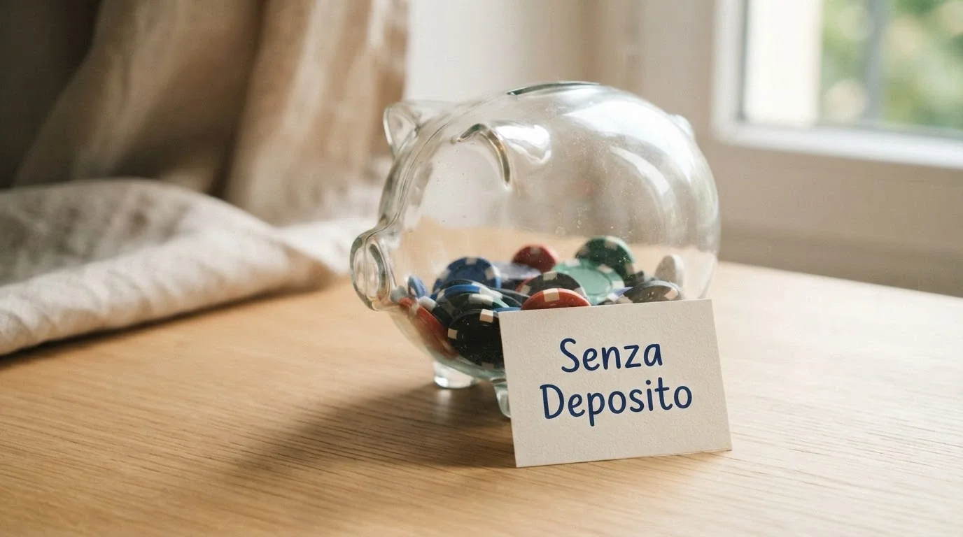 Un salvadanaio di vetro con monete e un cartellino «Senza Deposito» appoggiato accanto, su una scrivania