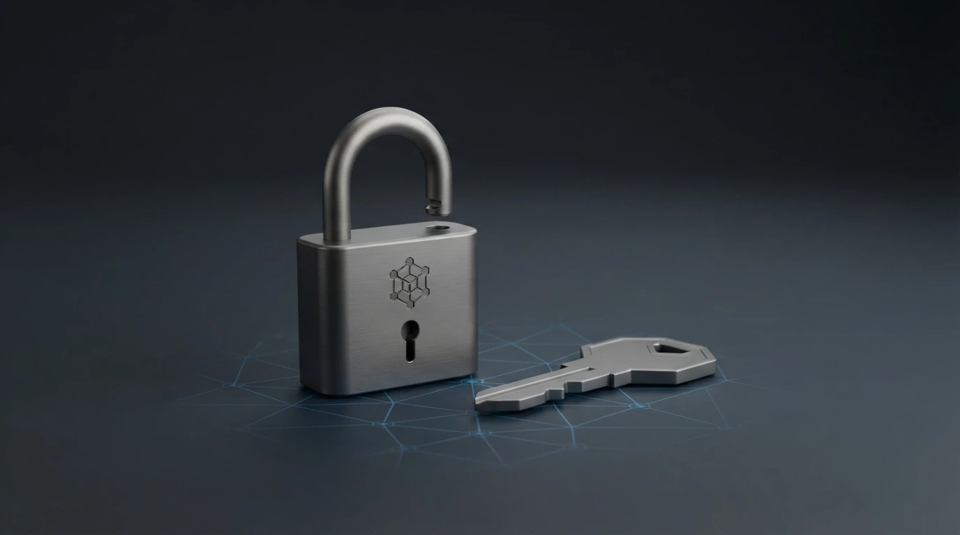 Un lucchetto stilizzato e una chiave privata accanto al logo di Dogecoin, su sfondo scuro con texture da blockchain