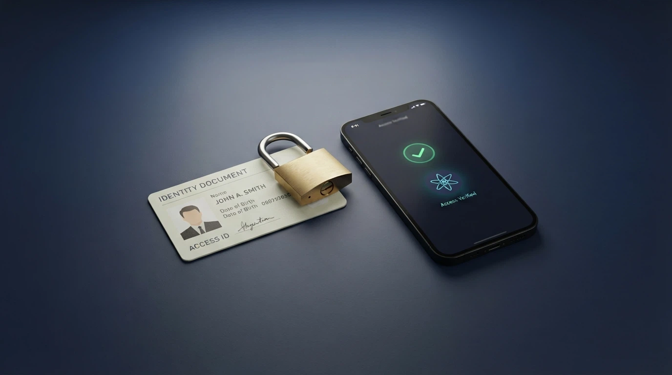 Un documento d'identità coperto da un lucchetto aperto, accanto a un wallet Ethereum con la spunta «nessuna verifica richiesta»