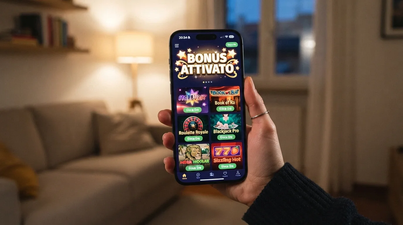 Uno smartphone con l'interfaccia di un casinò online e una notifica di bonus attivabile