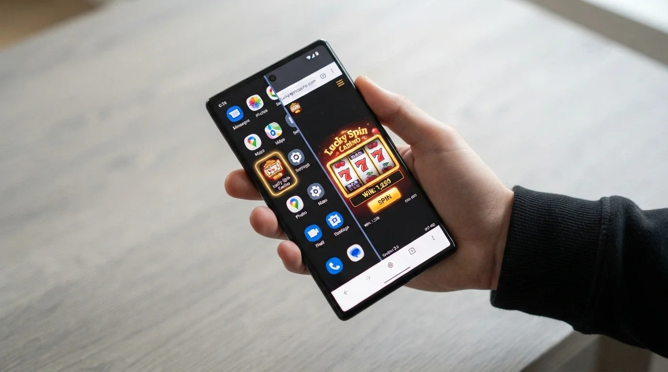 Uno smartphone in mano a un giocatore, con lo schermo diviso a metà: a sinistra l'icona di un'app di casinò, a destra la stessa schermata nel browser mobile