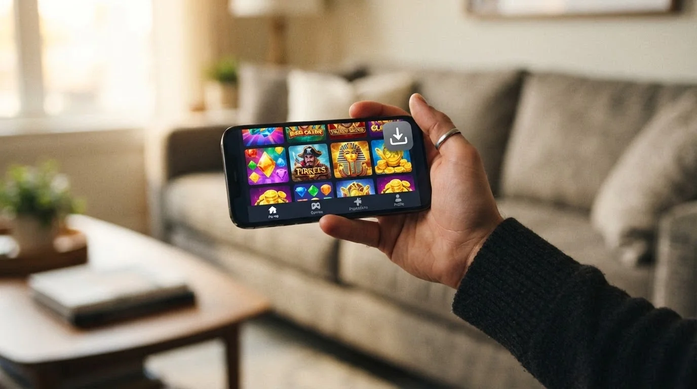 Uno smartphone in modalità landscape con l'interfaccia di un casinò non AAMS aperta nel browser, affiancato da un'icona di download app