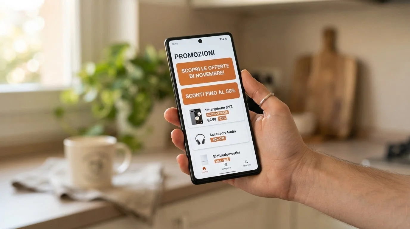 Una mano che tiene uno smartphone in verticale con l'interfaccia di un casinò app aperta sulla sezione promozioni, sullo sfondo un ambiente quotidiano