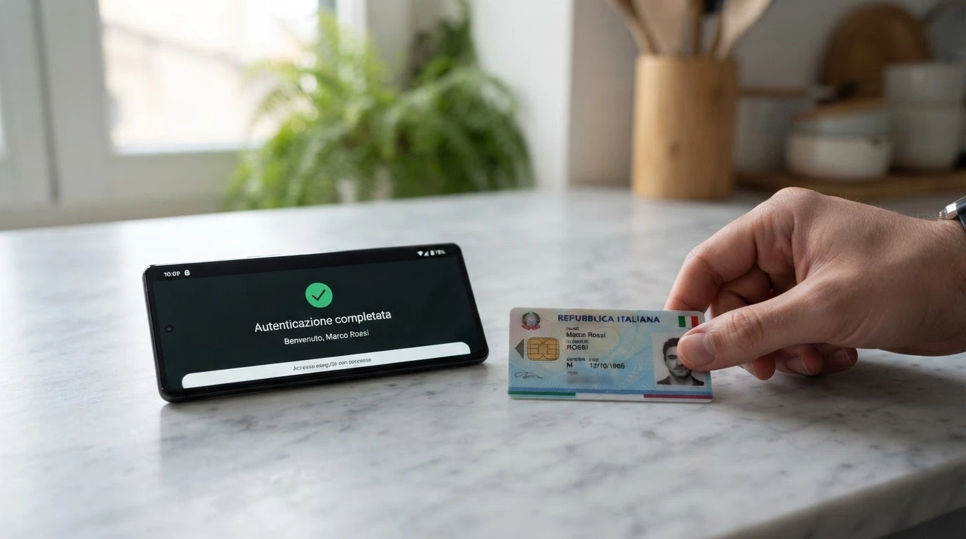 Uno smartphone con l'app CieID aperta durante la scansione NFC della CIE, con il messaggio di autenticazione completata