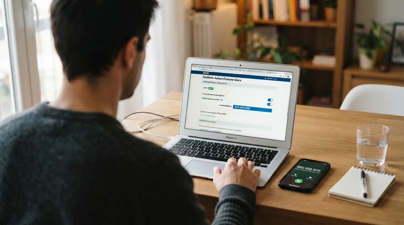Una persona seduta al computer digita su una schermata con l'interfaccia di autoesclusione, accanto un telefono con il numero verde 800 558 822 visibile sullo schermo