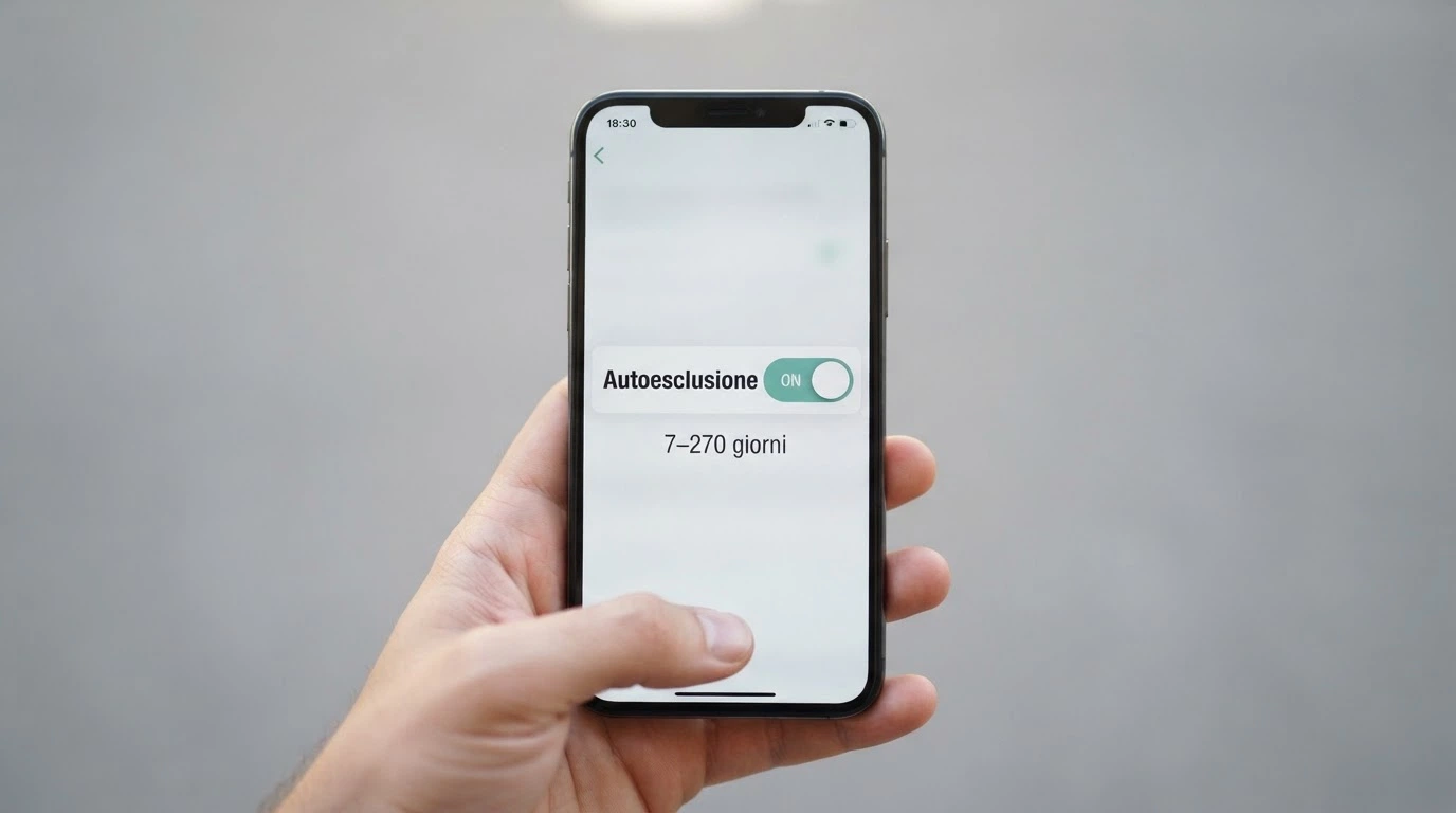 Un'interfaccia digitale con un interruttore «Autoesclusione» in posizione ON e un contatore che mostra «7-270 giorni», su sfondo rassicurante verde-blu