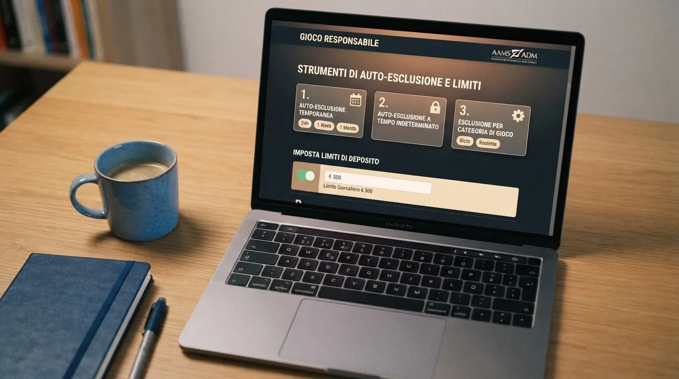 La schermata di un casinò online ADM con la sezione «Gioco Responsabile» aperta: opzioni di autoesclusione temporanea, a tempo indeterminato e per famiglia di giochi