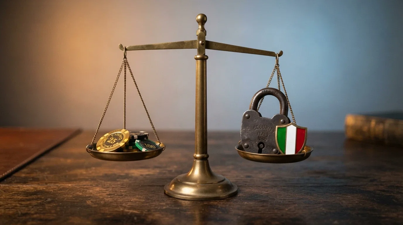 Una bilancia a due piatti: su uno il simbolo USDT con un bonus scintillante, sull'altro uno scudo con la bandiera italiana e un lucchetto