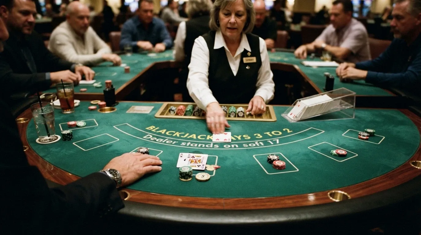 Un tavolo da blackjack live con sette posti occupati, il dealer sta girando le carte e una mano mostra un blackjack con asso e figura