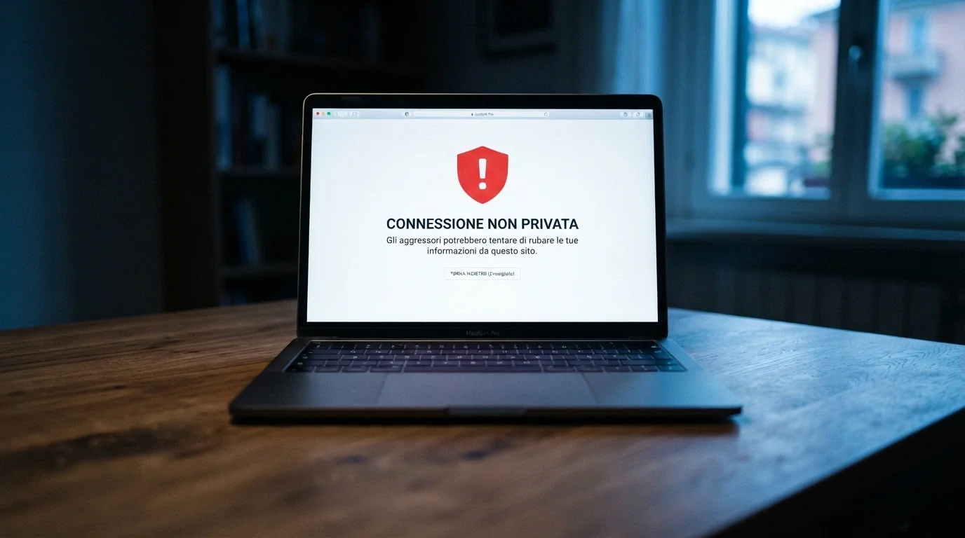 Lo schermo di un browser che mostra un avviso di sito bloccato con il simbolo dello Stato Italiano