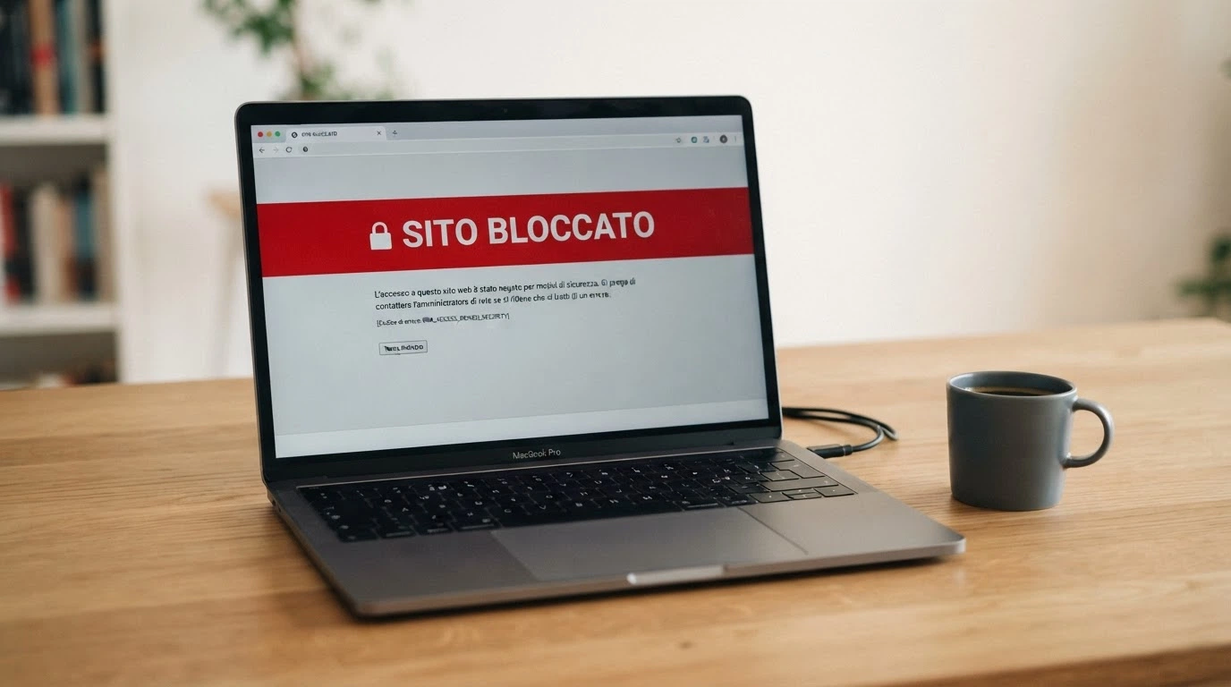 Uno schermo con messaggio di sito bloccato dagli ISP italiani, accanto alla lista nera ADM