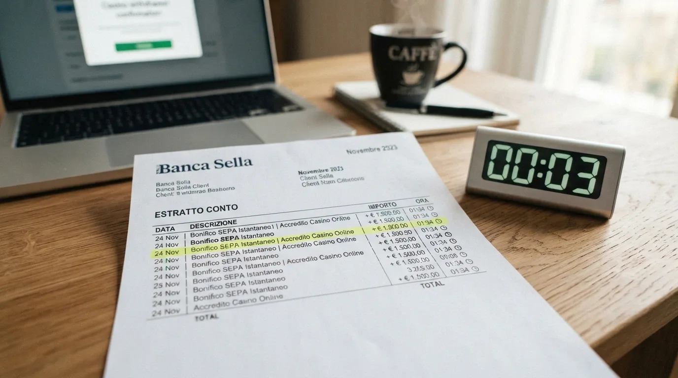 Un estratto conto bancario con la voce di un bonifico verso un casinò ADM, affiancato dal timer di un bonifico istantaneo