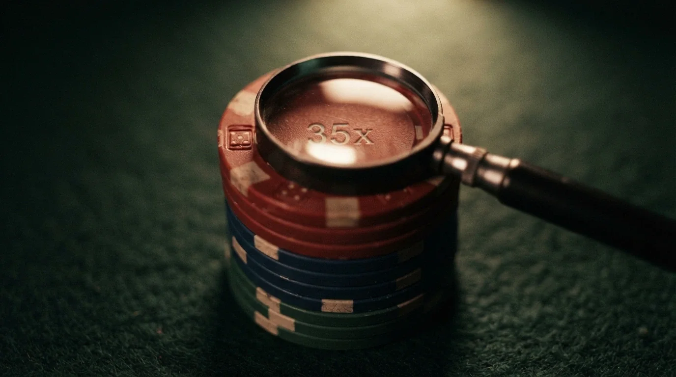 Una pila di gettoni da casinò con una lente di ingrandimento che rivela la scritta «wagering 35x» incisa su ciascun gettone