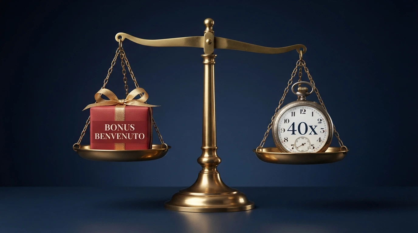 Un piatto della bilancia con da un lato un pacchetto regalo etichettato «Bonus 100%» e dall'altro un orologio con la scritta «Wagering 40x»