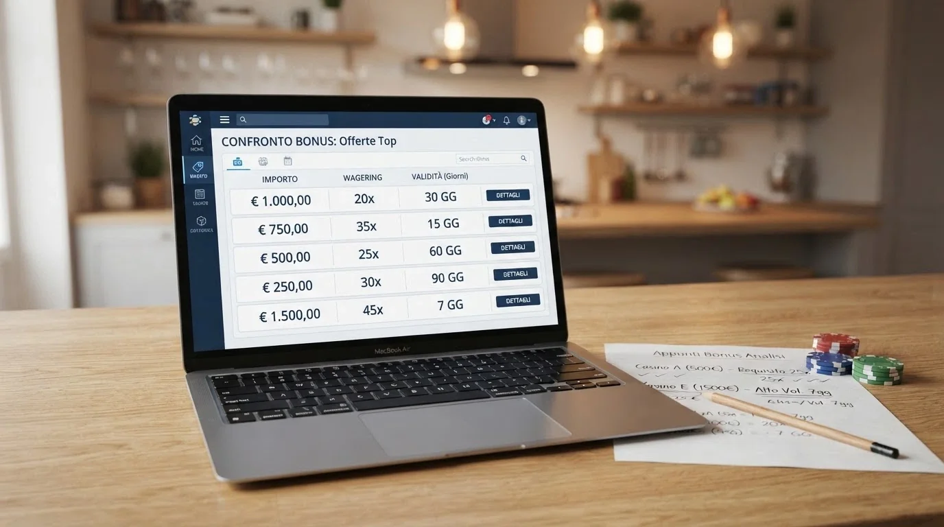 Un primo piano di un bonus di benvenuto visualizzato su schermo con l'importo, il rollover e la validità evidenziati in un riquadro