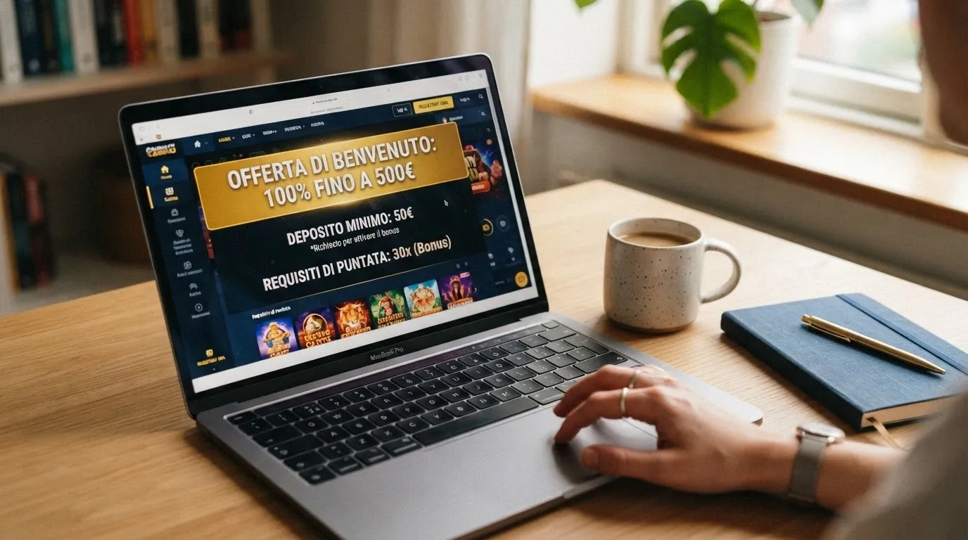 Schermata di un'offerta di bonus di benvenuto con i termini, il wagering e la soglia minima in evidenza