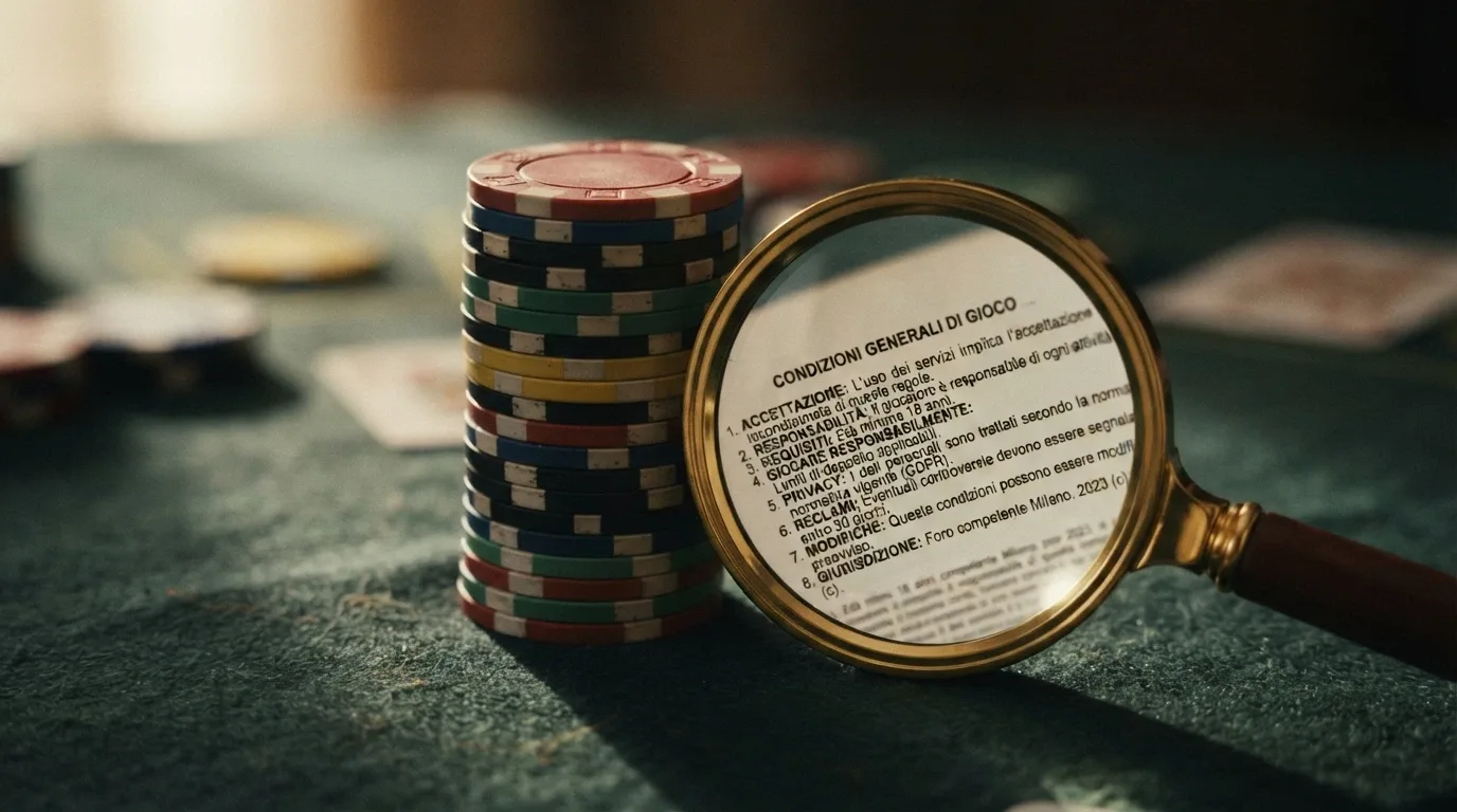 Una pila di fiches da casinò con una lente di ingrandimento che ne rivela il valore ridotto, sullo sfondo i termini e condizioni di un bonus