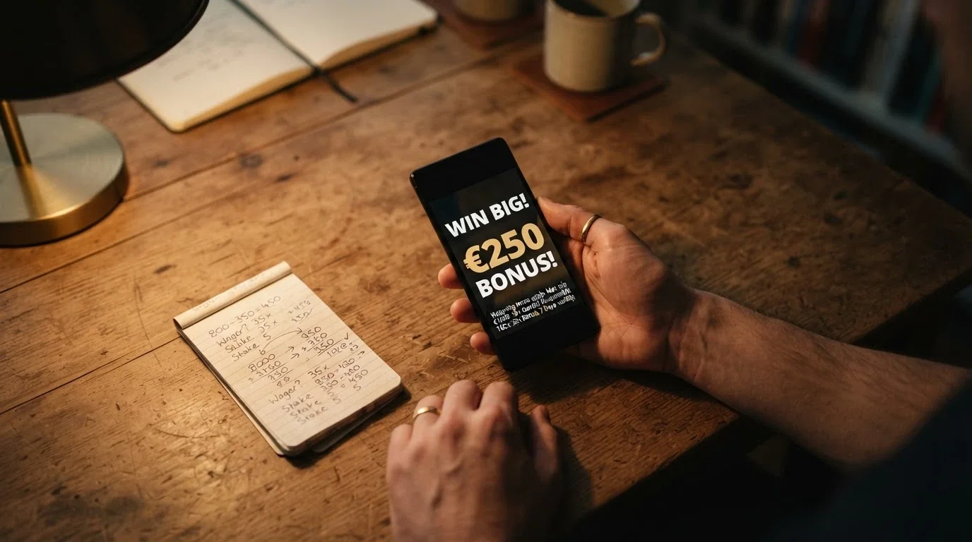 Schermata di un bonus di benvenuto con l'importo in evidenza e i termini di wagering in caratteri piccoli ma leggibili