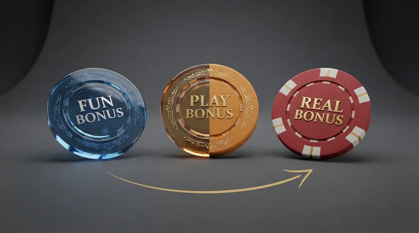 Confronto visivo tra le tre tipologie di bonus: Fun Bonus, Play Bonus e Real Bonus, con icone che ne indicano la convertibilità