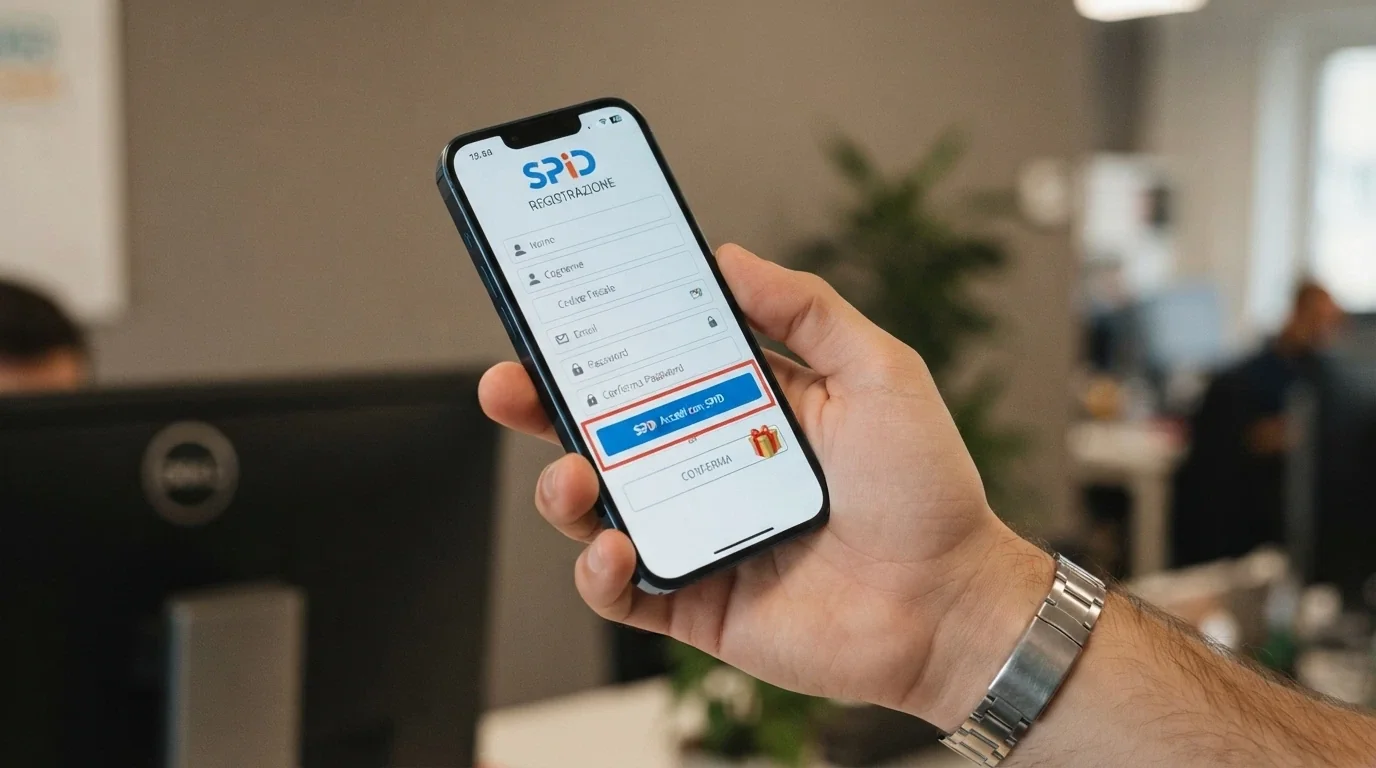 Un modulo di registrazione su schermo con il logo SPID in evidenza e l'icona di un regalo accanto al pulsante di conferma