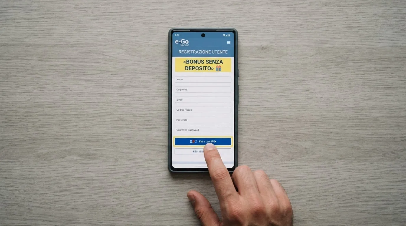 Interfaccia di registrazione di un casinò ADM con l'opzione SPID evidenziata e la dicitura «bonus senza deposito»