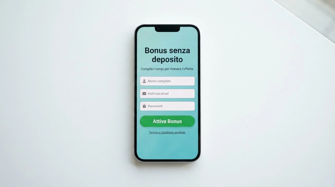 Una schermata di registrazione con l'indicazione «bonus senza deposito» e il pulsante di attivazione