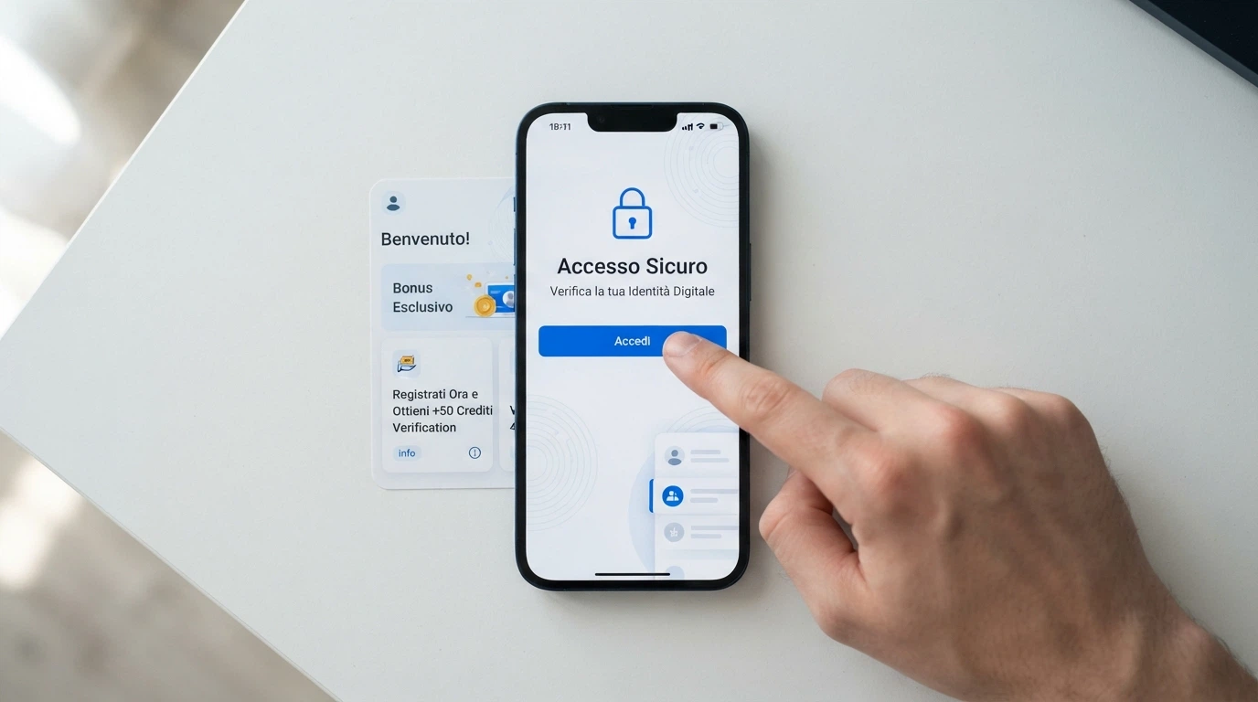 Uno smartphone che mostra la schermata di login SPID accanto a un pannello con le condizioni di un bonus di benvenuto, evidenziando requisiti di scommessa e validità