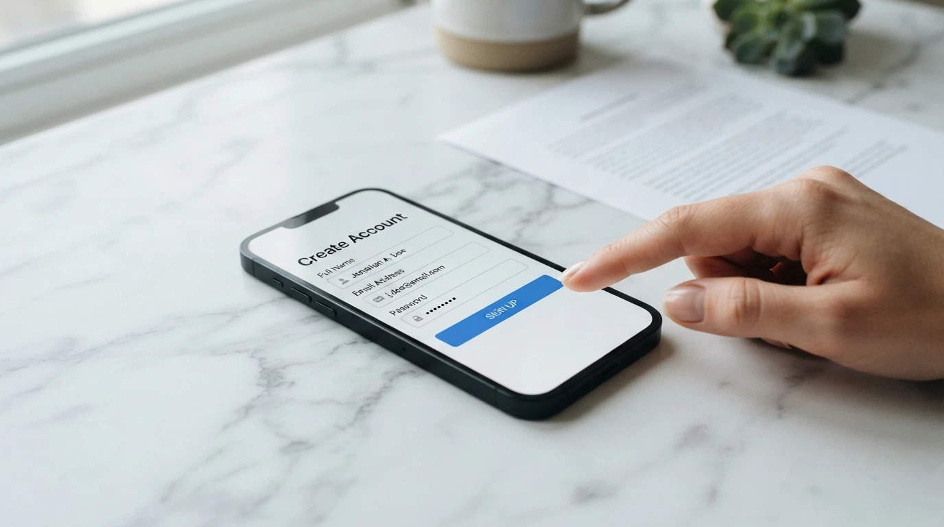 La schermata di un modulo di registrazione semplificato (nome, email, password) sovrapposta alla sagoma sfocata di un documento di identità in attesa sullo sfondo, con una freccia che collega le due immagini