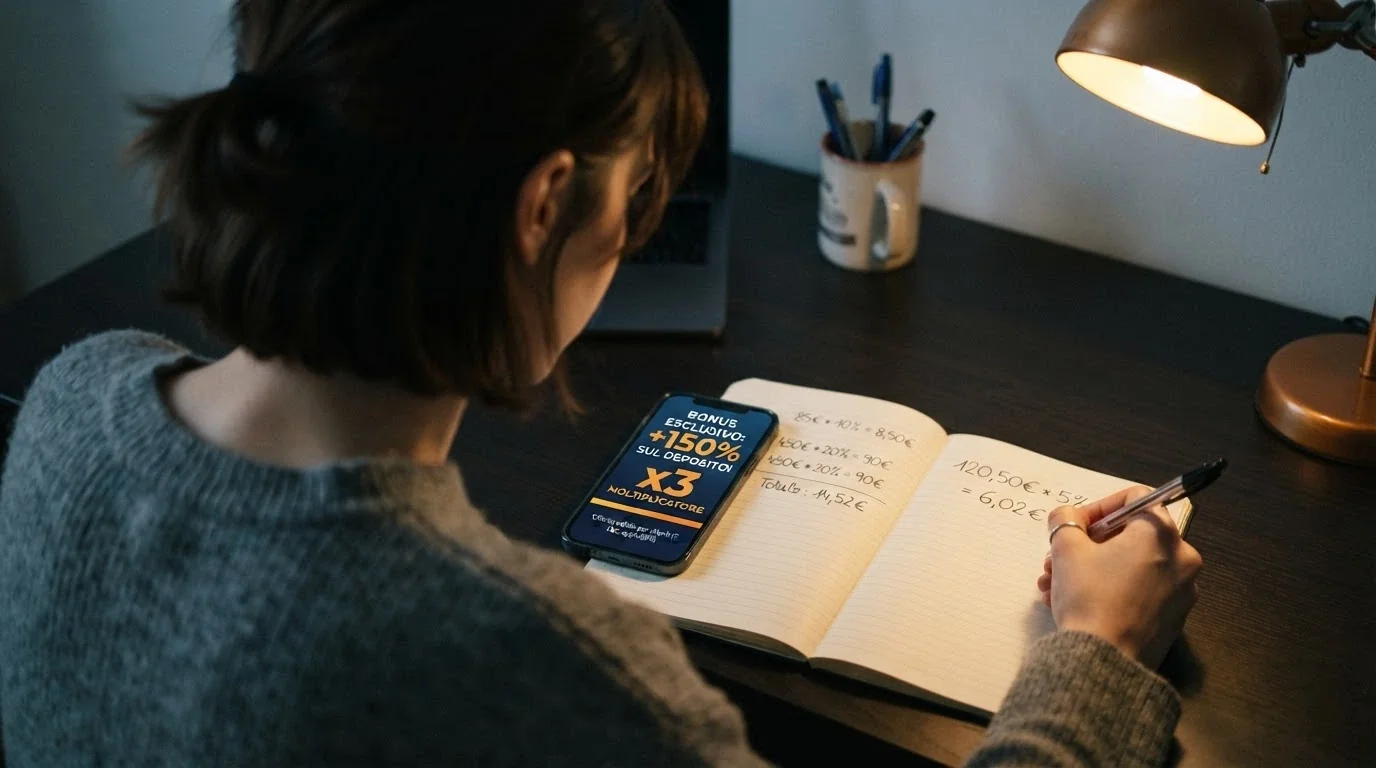 Una calcolatrice accanto a un telefono con una schermata di bonus, frecce che collegano percentuale del bonus al moltiplicatore del wagering