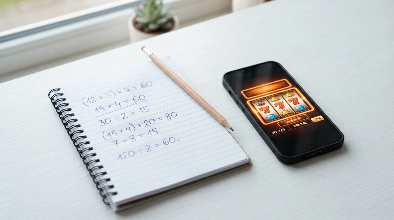 Una calcolatrice con il display che mostra «15 × 400% = 60€» accanto a un telefono con l'interfaccia di un casinò online