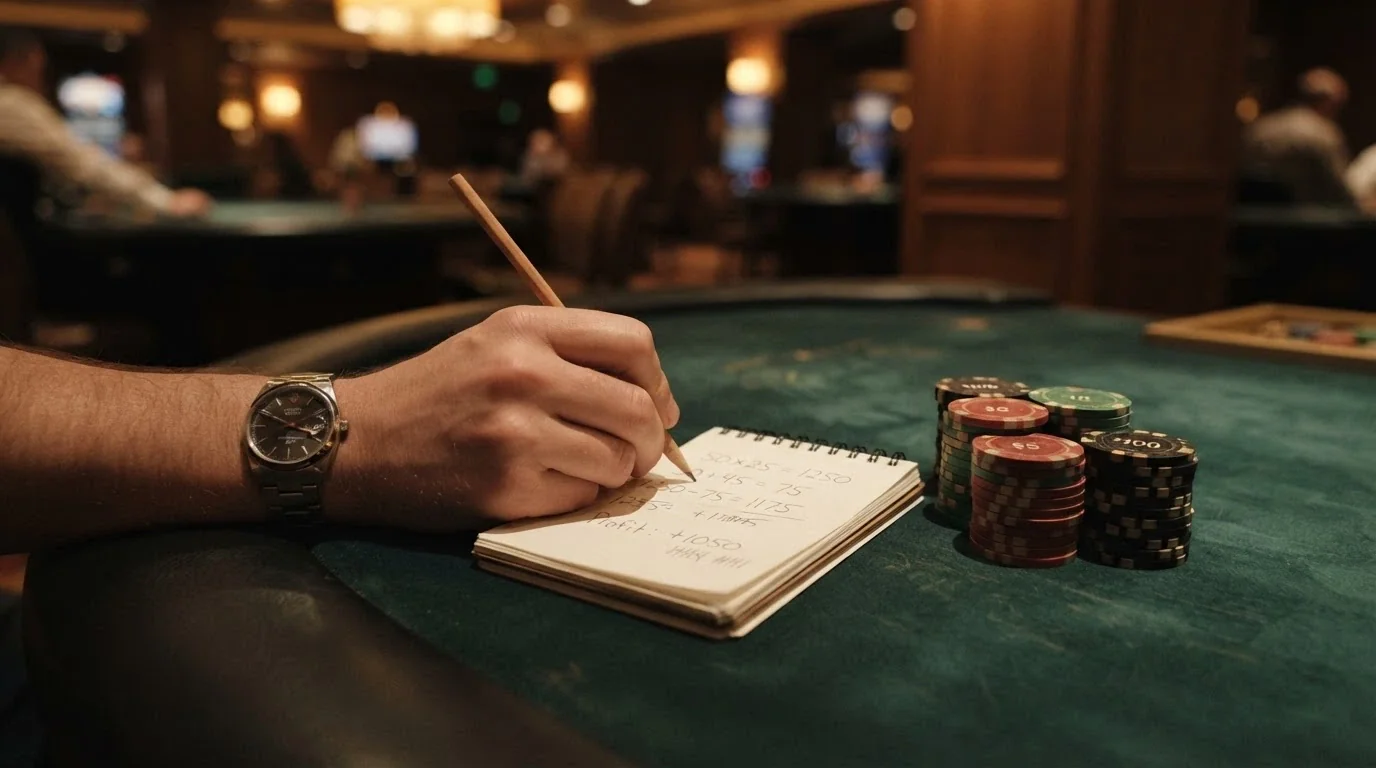Una calcolatrice accanto a una pila di fiches da casinò e un orologio, su un tavolo da gioco verde con appunti a mano