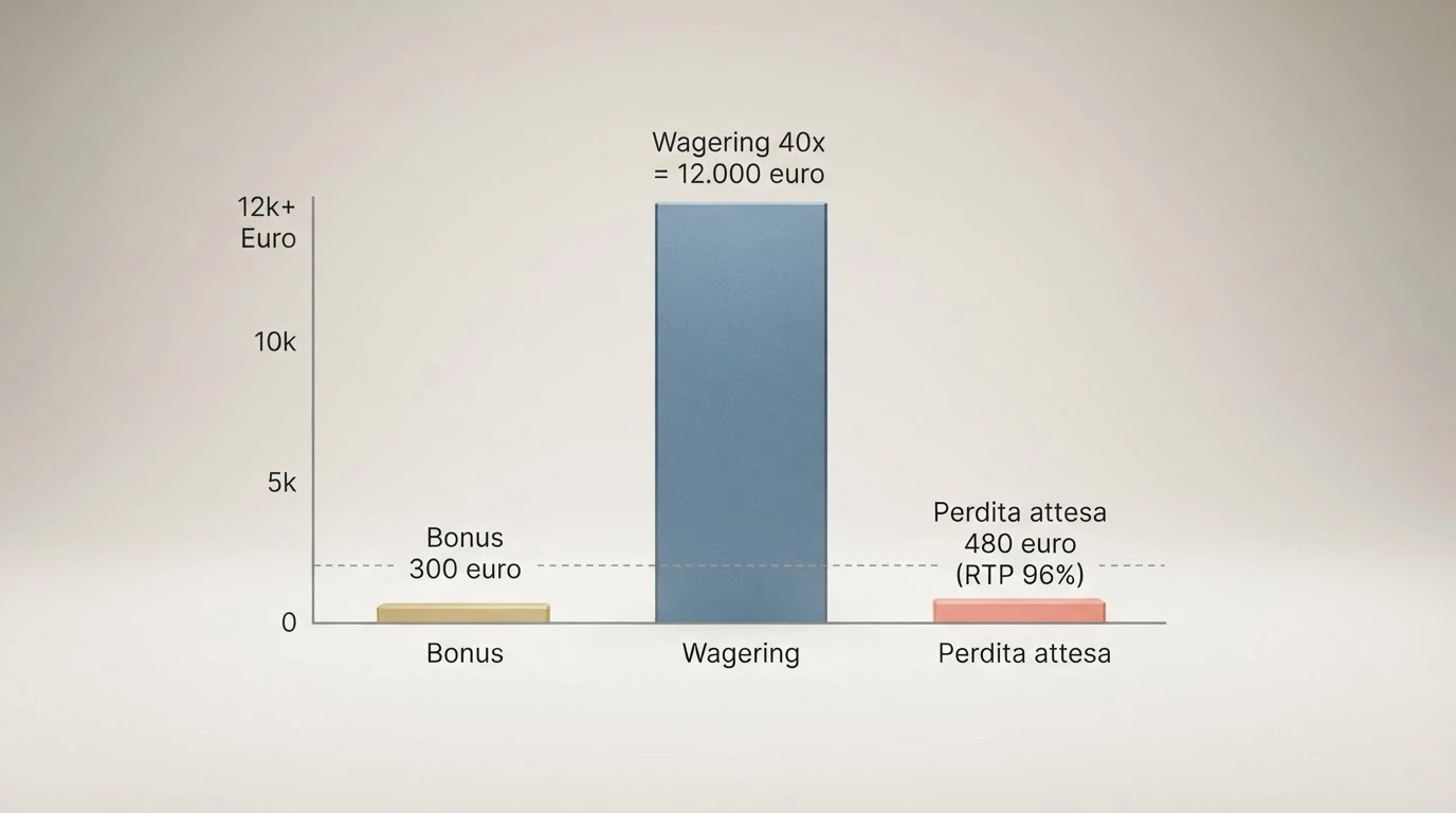 Infografica con il calcolo: bonus 300€ × wagering 40x = 12.000€ di giocate richieste, con RTP 96% la perdita attesa è 480€