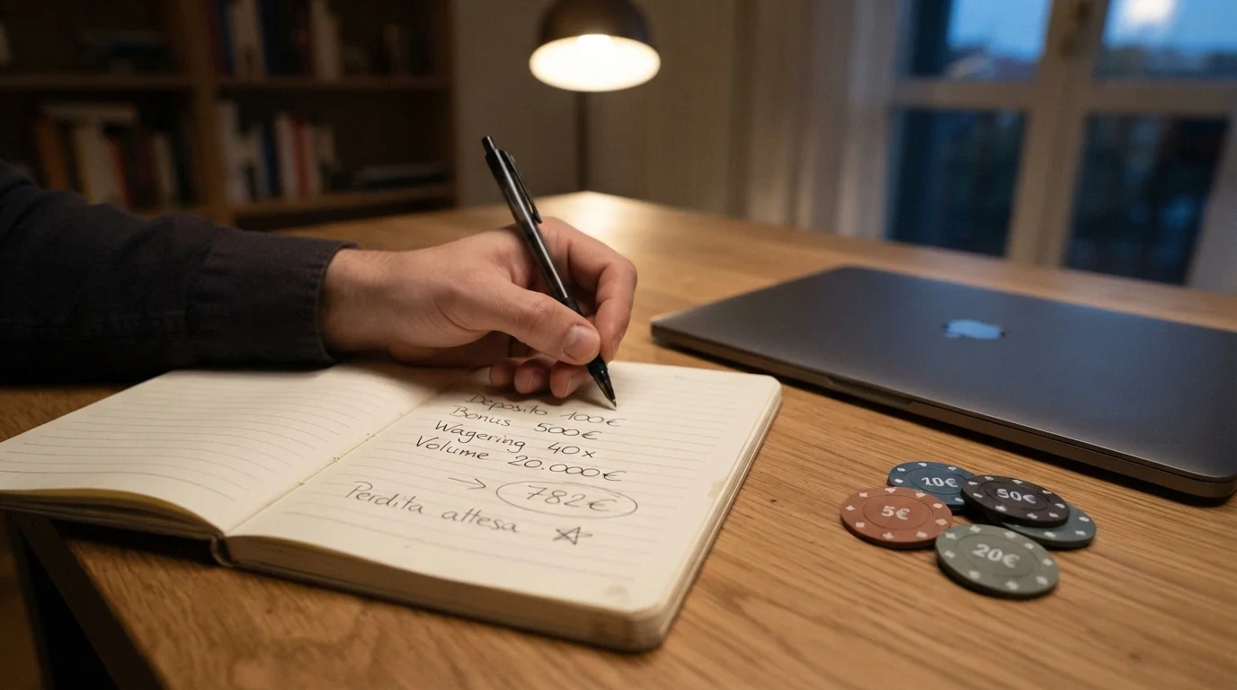 Una calcolatrice accanto a un blocco note con cifre scritte a mano: deposito, bonus, wagering e importo reale riscattabile