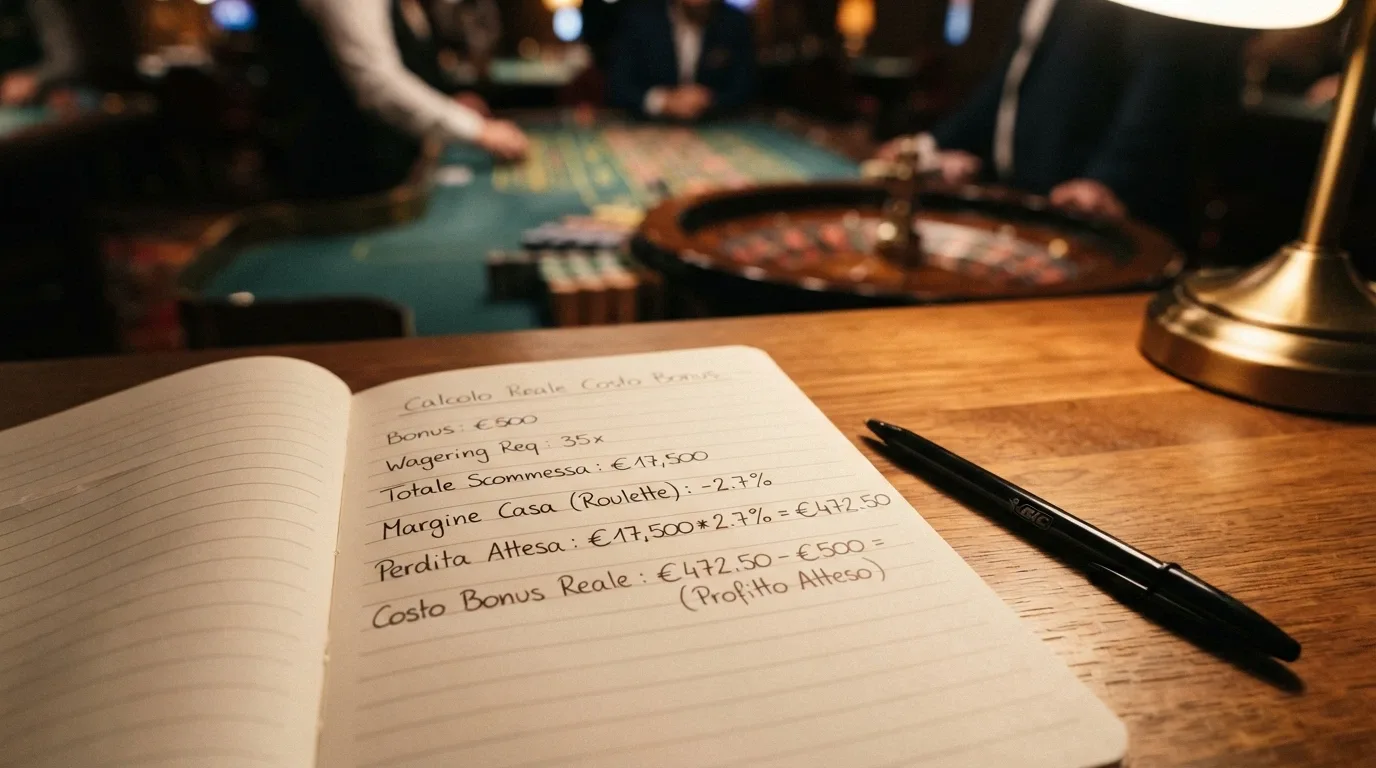 Un blocco note con una calcolatrice accanto e una penna, su cui è scritta una formula di wagering con numeri e percentuali; sullo sfondo un tavolo live sfocato
