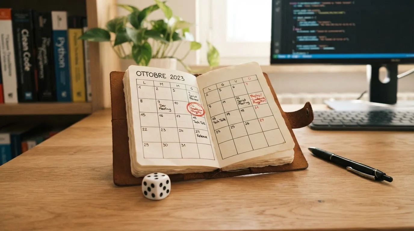 Un calendario aperto sul mese di nascita con l'icona di un dado da casinò accanto a una data cerchiata in rosso