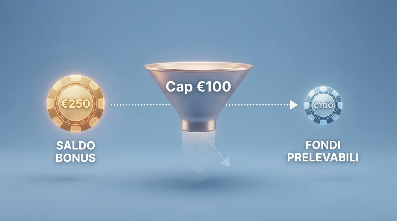 Schema che mostra il percorso di una vincita da €500: dopo il cap di conversione a €100, l'importo effettivamente prelevabile