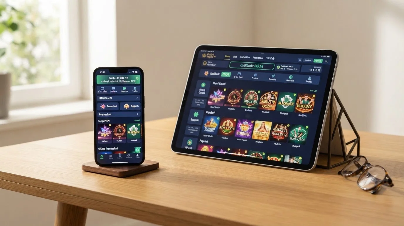 Uno smartphone che mostra l'interfaccia di un casinò online ADM con il contatore cashback visibile nella barra superiore, affiancato da un tablet
