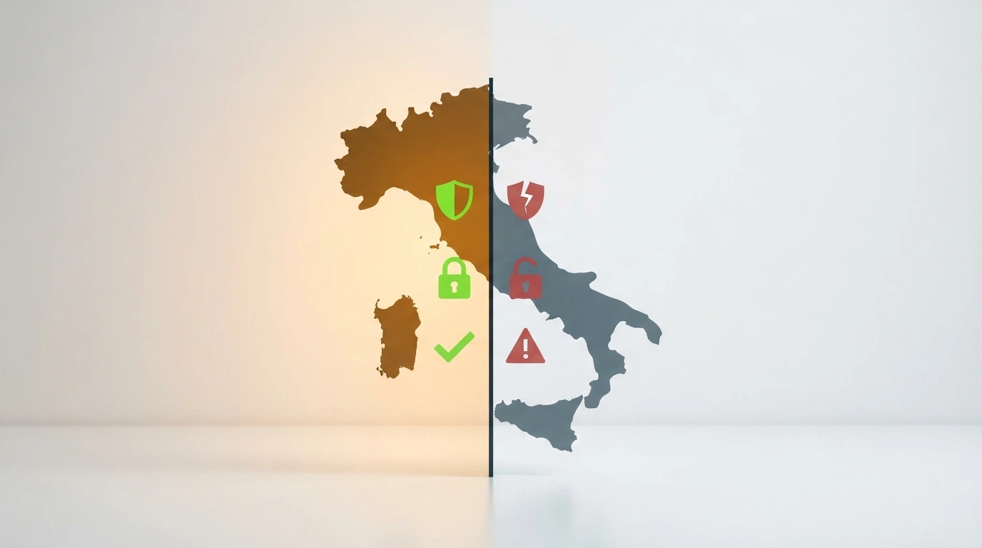 Una mappa stilizzata dell'Italia con due colonne a confronto: a sinistra operatori ADM con simboli di protezione (scudo, lucchetto), a destra siti offshore con icone di pericolo