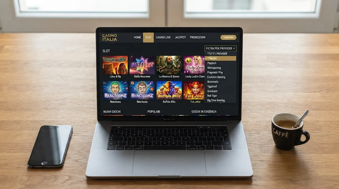 Schermata della lobby di un casinò online ADM con il filtro provider aperto sulla voce WMG e l'elenco dei titoli disponibili