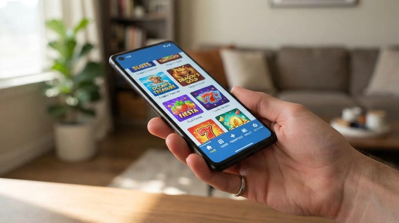 Una mano che tiene uno smartphone in orizzontale con l'interfaccia di un casinò crypto in versione mobile browser, senza app installata