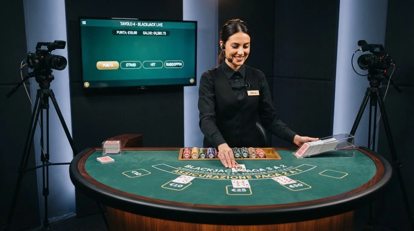Tavolo da casinò live con croupier in streaming e interfaccia di puntata sullo schermo, senza crediti virtuali visibili