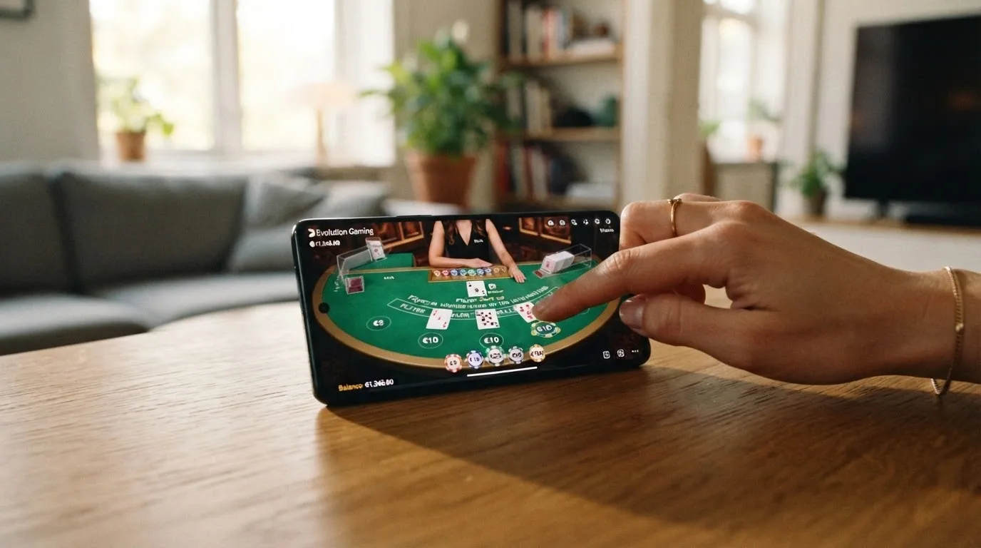 Smartphone in landscape che mostra un tavolo di blackjack dal vivo con interfaccia di puntata touch e connessione stabile.