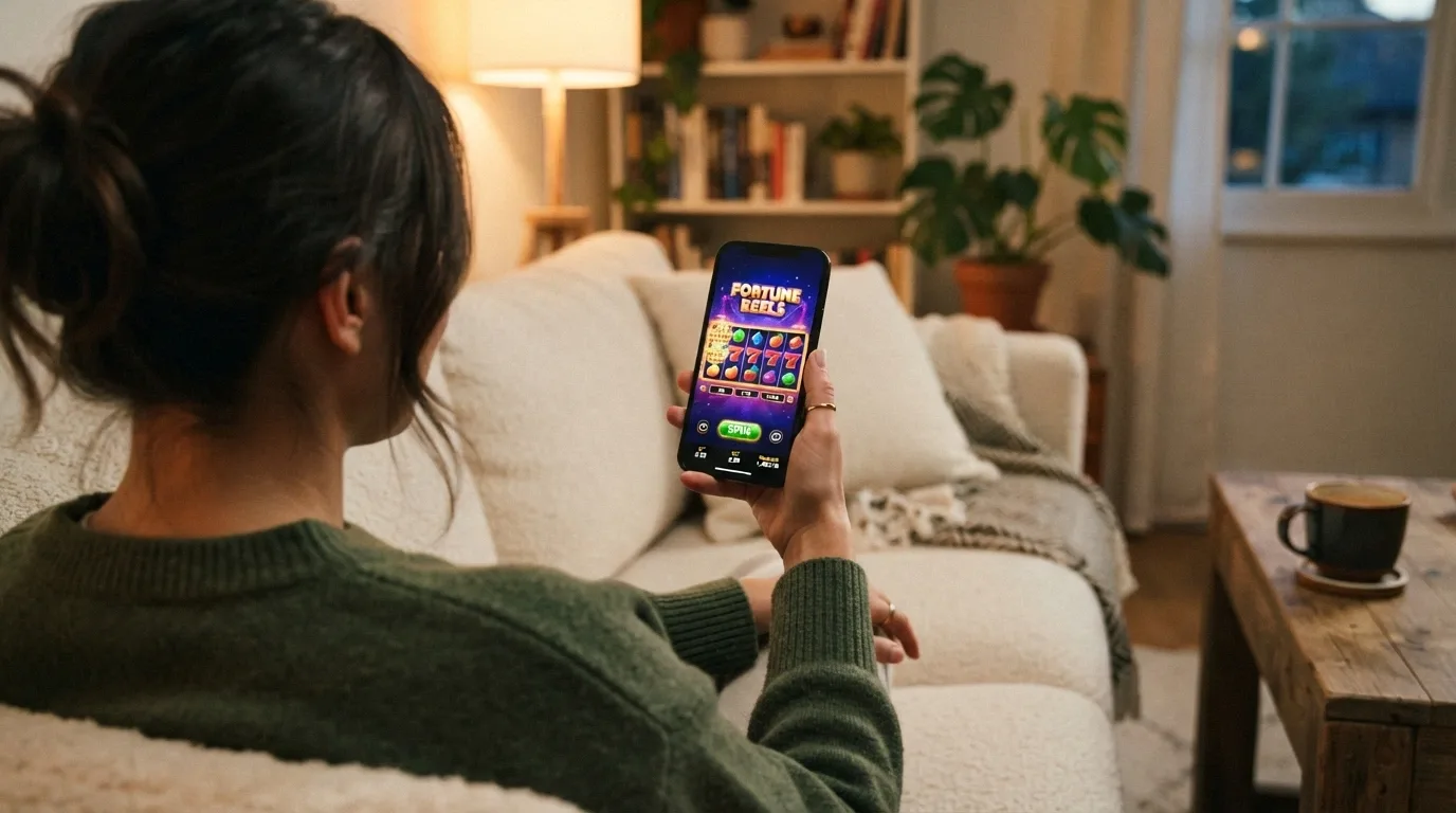 Uno smartphone in mano con l'interfaccia di un casinò ADM in versione mobile e l'icona di un'app sullo sfondo