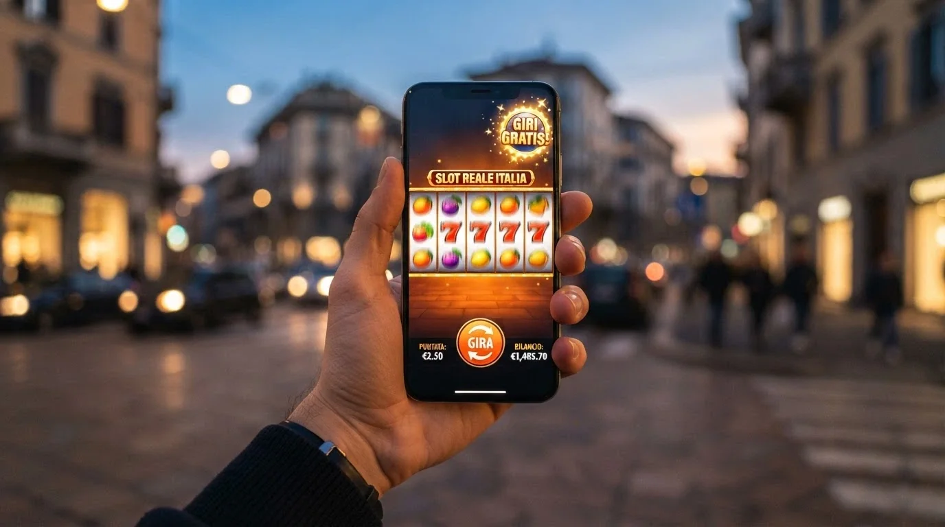 Una mano che tiene uno smartphone in verticale con una slot machine in esecuzione e un'icona di free spin attiva nell'angolo, su sfondo urbano sfocato