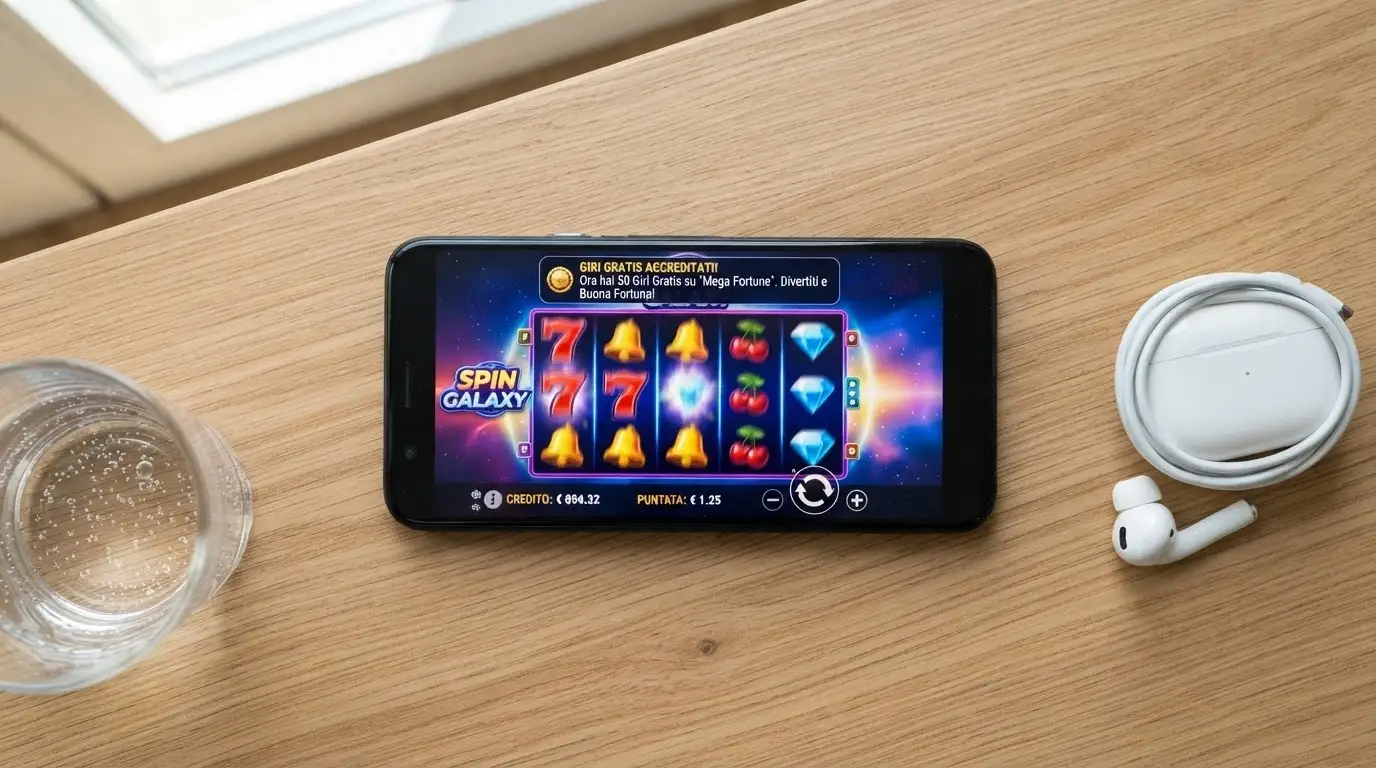 Uno smartphone che mostra l'interfaccia di un casinò ADM in modalità landscape con una slot in esecuzione e la notifica di giri gratis accreditati in overlay