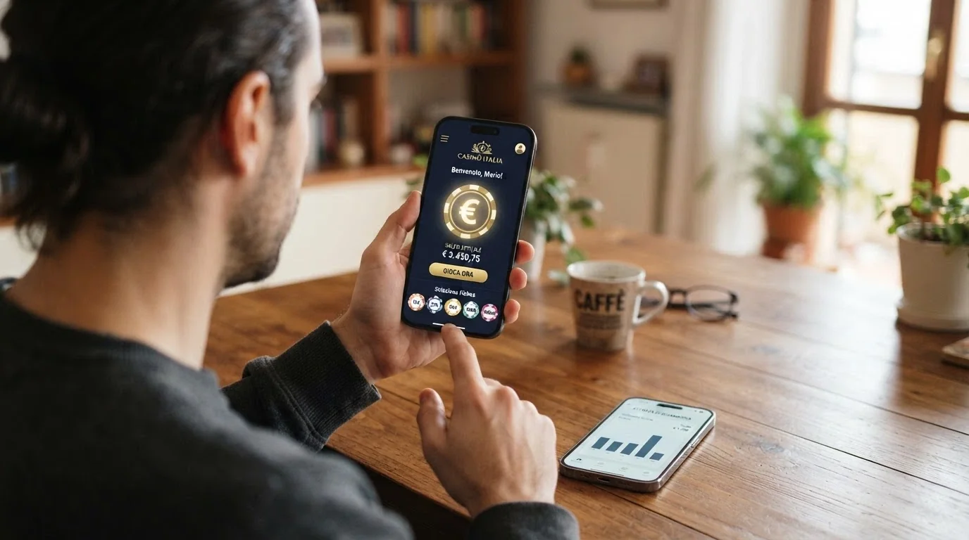 Smartphone in mano con interfaccia di casinò mobile, fiches virtuali e grafico delle puntate sullo sfondo
