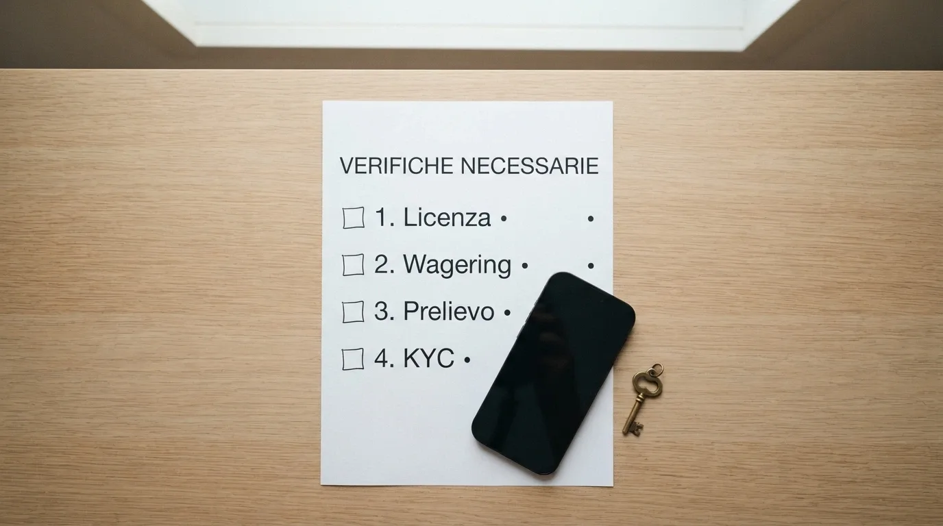 Una lista di controllo con quattro voci barrate: licenza, wagering, prelievo, KYC — con un wallet Ethereum posato sul foglio