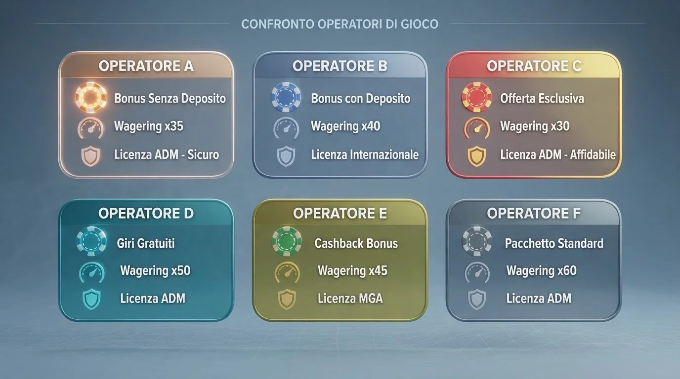 Una tabella comparativa stilizzata con loghi di casinò online affiancati da indicatori di bonus, wagering e licenza